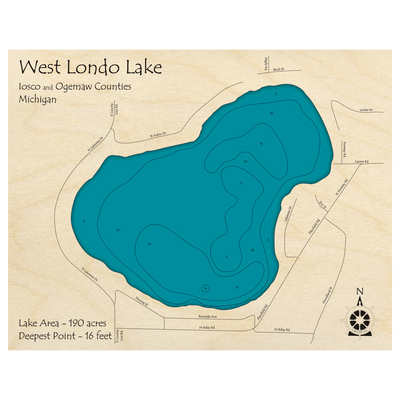 Bathymetric topo map of Londo Lake, MI with roads, towns and depths noted in blue water.