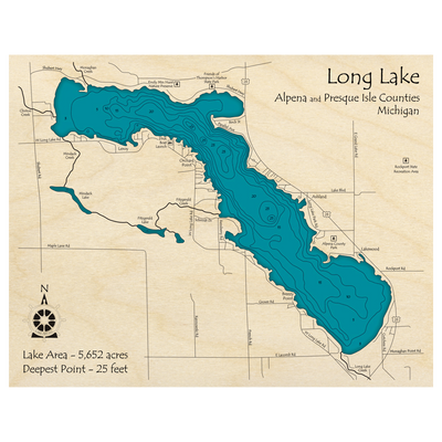 Bathymetric topo map of Long Lake, MI with roads, towns and depths noted in blue water.