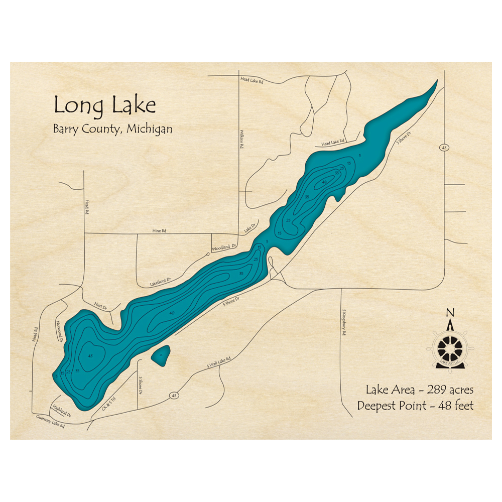 Bathymetric topo map of Long Lake, MI with roads, towns and depths noted in blue water.