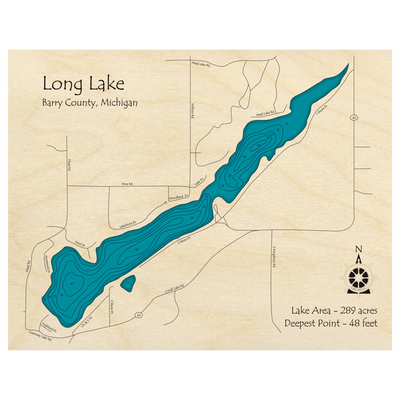 Bathymetric topo map of Long Lake, MI with roads, towns and depths noted in blue water.