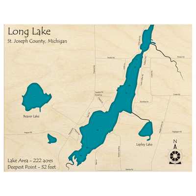 Bathymetric topo map of Long Lake, MI with roads, towns and depths noted in blue water.