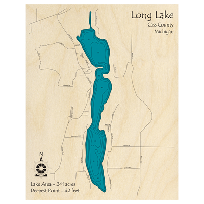 Bathymetric topo map of Long Lake, MI with roads, towns and depths noted in blue water.