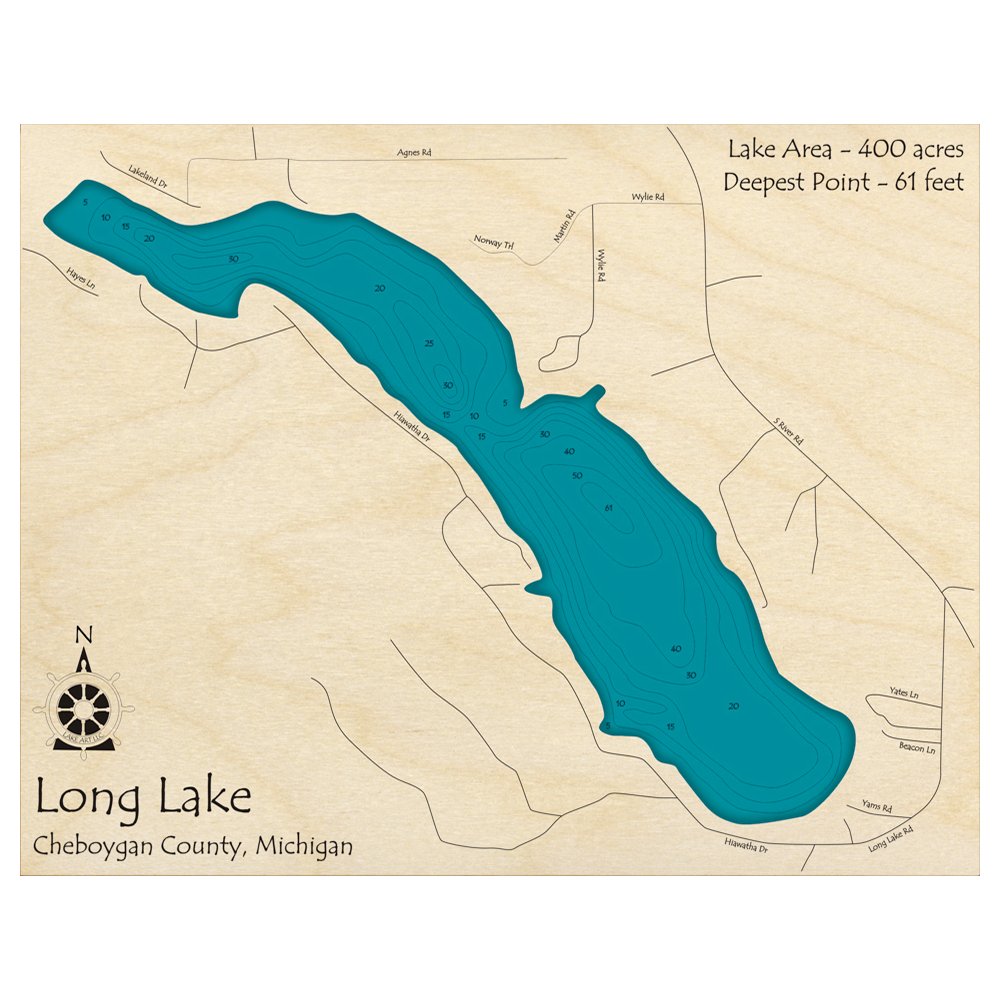 Bathymetric topo map of Long Lake, MI with roads, towns and depths noted in blue water.