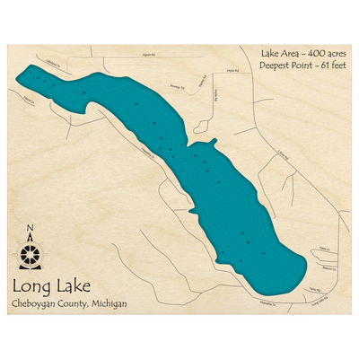 Bathymetric topo map of Long Lake, MI with roads, towns and depths noted in blue water.