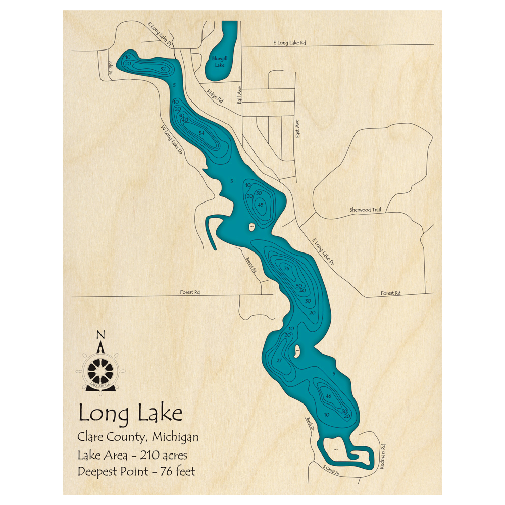 Bathymetric topo map of Long Lake, MI with roads, towns and depths noted in blue water.