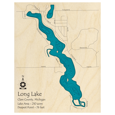 Bathymetric topo map of Long Lake, MI with roads, towns and depths noted in blue water.