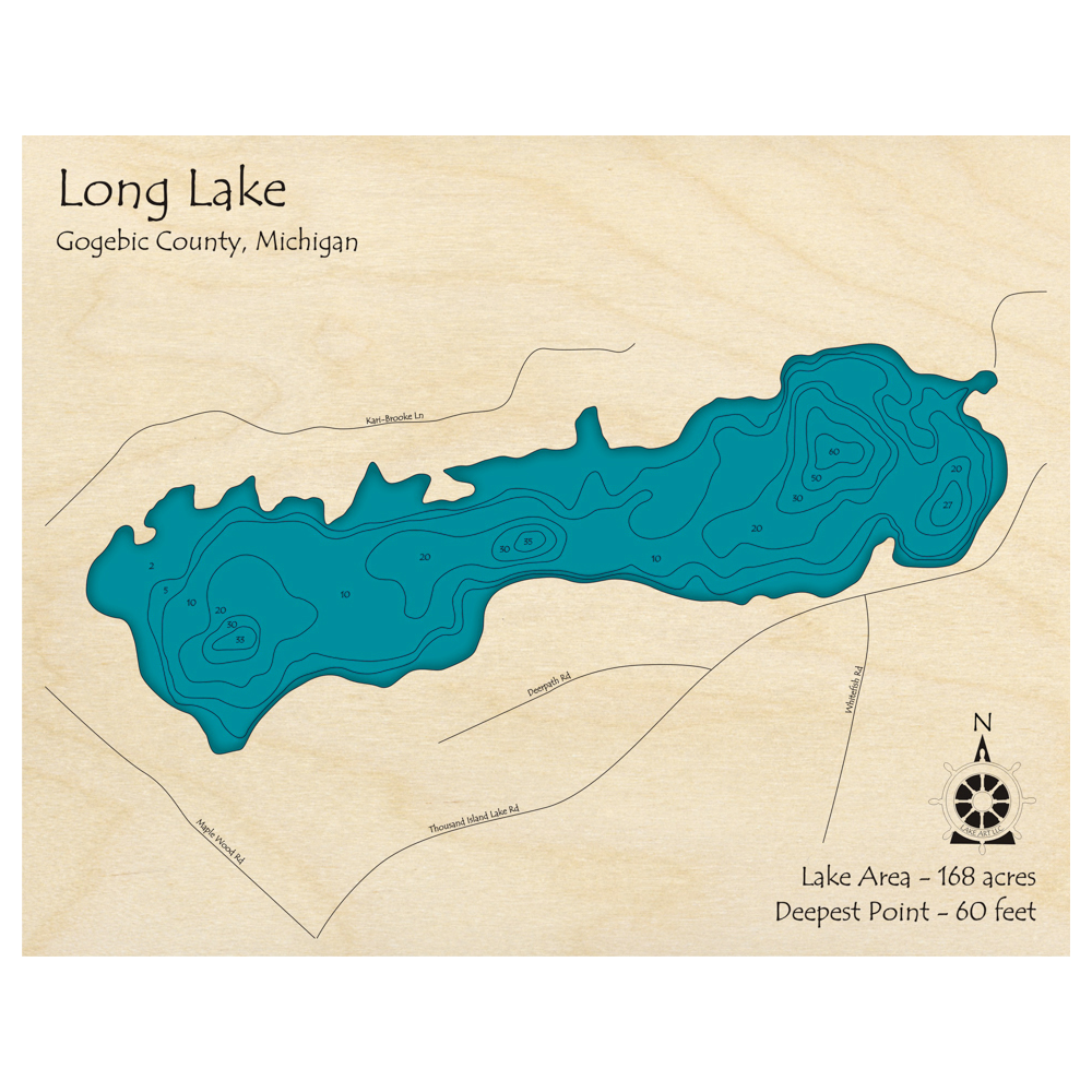 Bathymetric topo map of Long Lake, MI with roads, towns and depths noted in blue water.