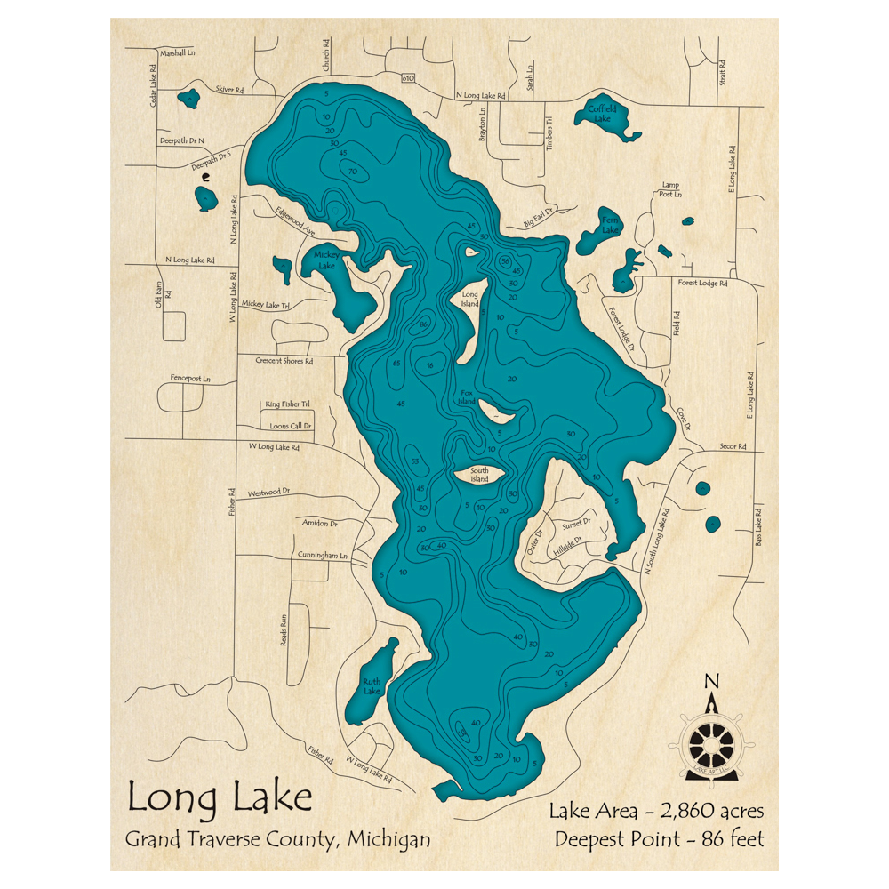 Bathymetric topo map of Long Lake, MI with roads, towns and depths noted in blue water.