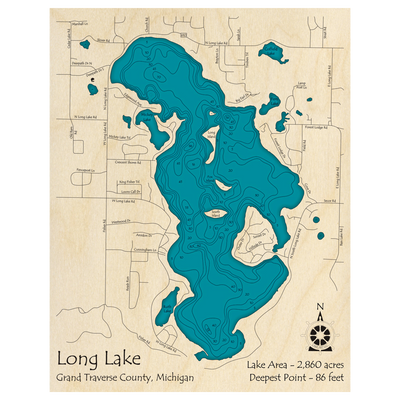 Bathymetric topo map of Long Lake, MI with roads, towns and depths noted in blue water.