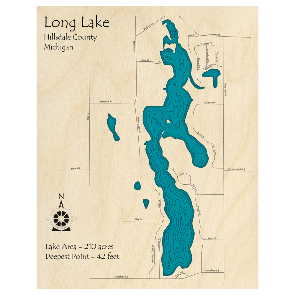 Bathymetric topo map of Long Lake, MI with roads, towns and depths noted in blue water.