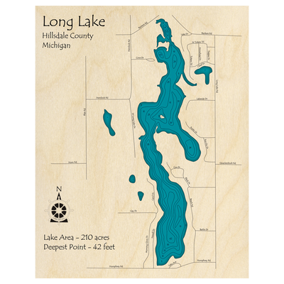 Bathymetric topo map of Long Lake, MI with roads, towns and depths noted in blue water.