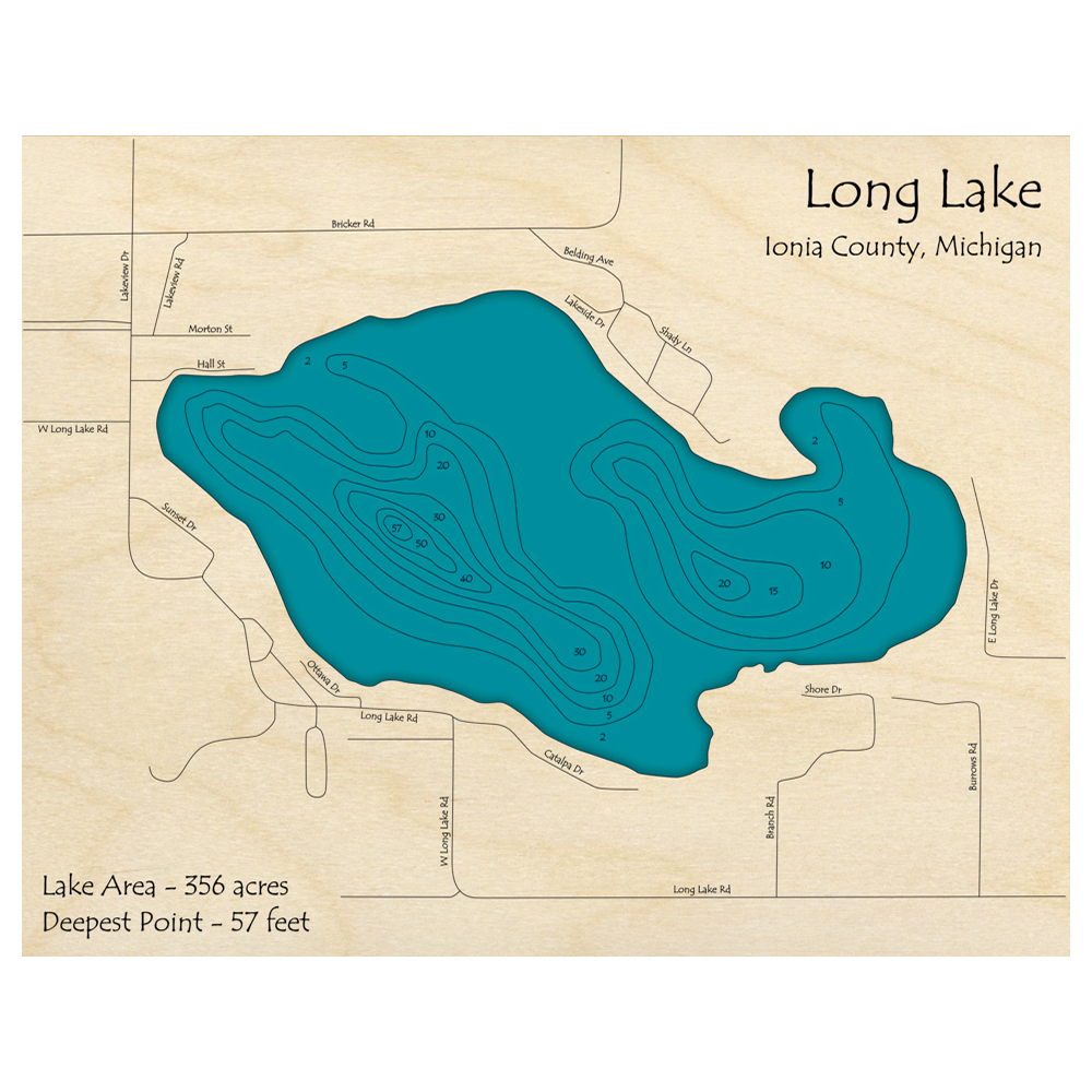 Bathymetric topo map of Long Lake, MI with roads, towns and depths noted in blue water.