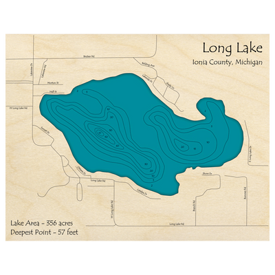 Bathymetric topo map of Long Lake, MI with roads, towns and depths noted in blue water.