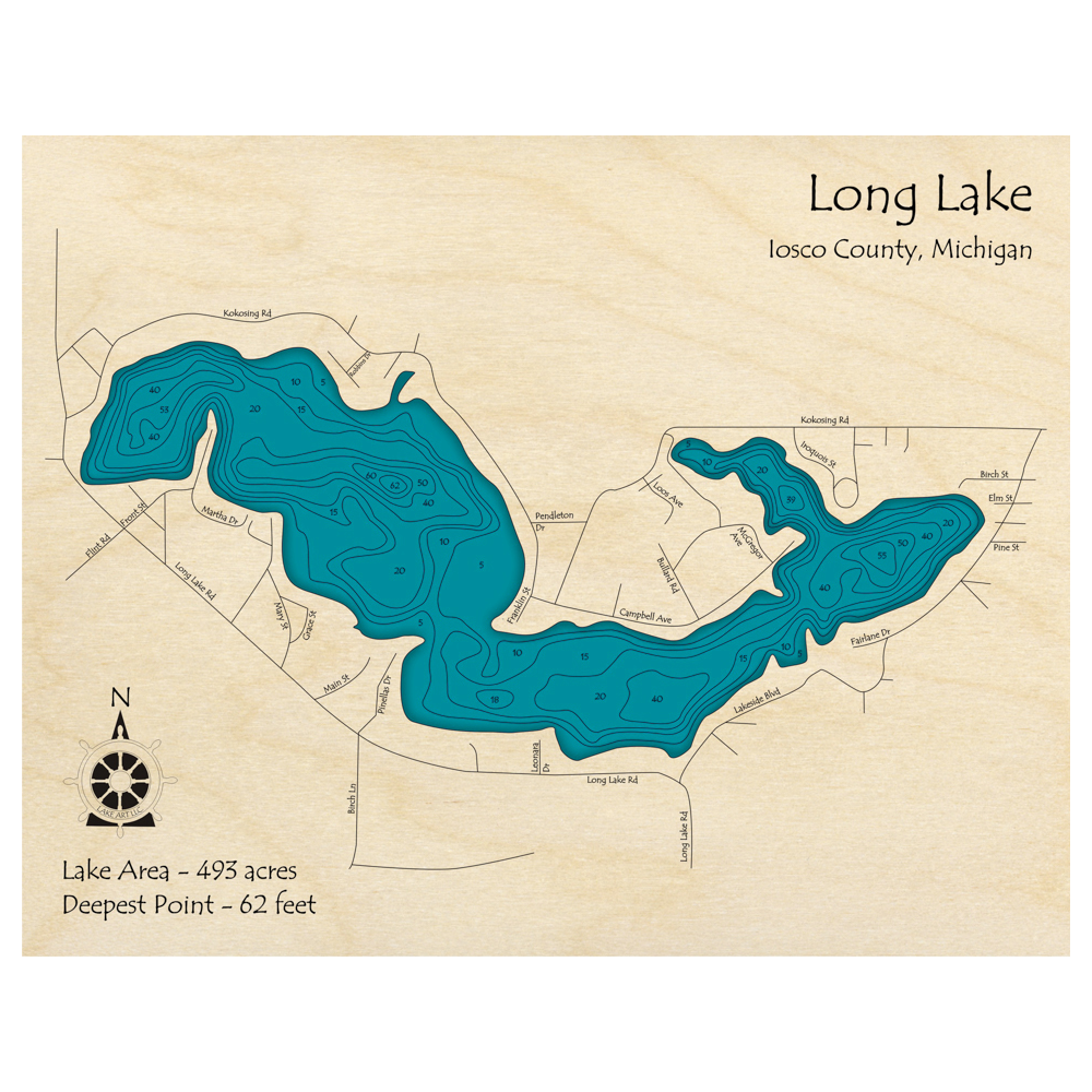 Bathymetric topo map of Long Lake, MI with roads, towns and depths noted in blue water.