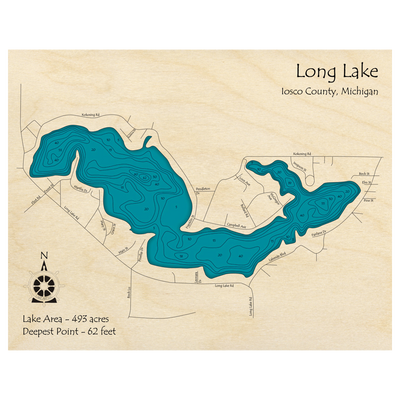 Bathymetric topo map of Long Lake, MI with roads, towns and depths noted in blue water.