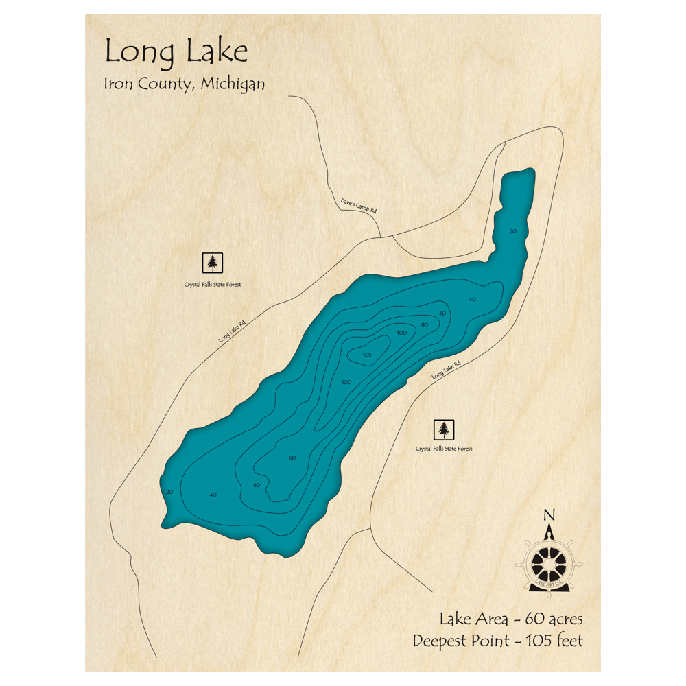 Bathymetric topo map of Long Lake, MI with roads, towns and depths noted in blue water.