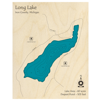 Bathymetric topo map of Long Lake, MI with roads, towns and depths noted in blue water.
