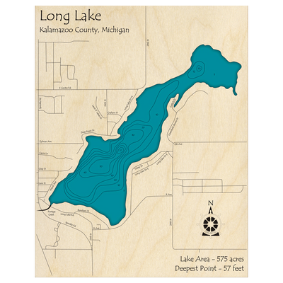 Bathymetric topo map of Long Lake, MI with roads, towns and depths noted in blue water.