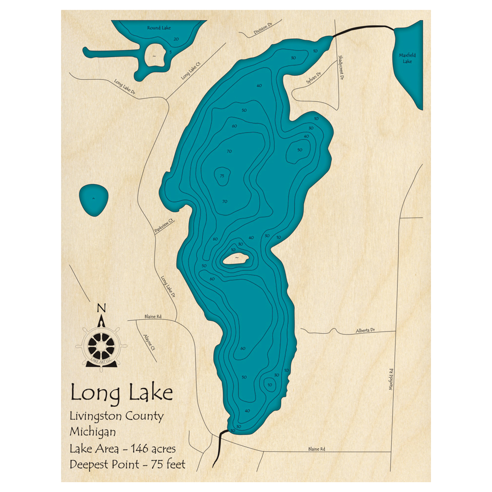 Bathymetric topo map of Long Lake, MI with roads, towns and depths noted in blue water.