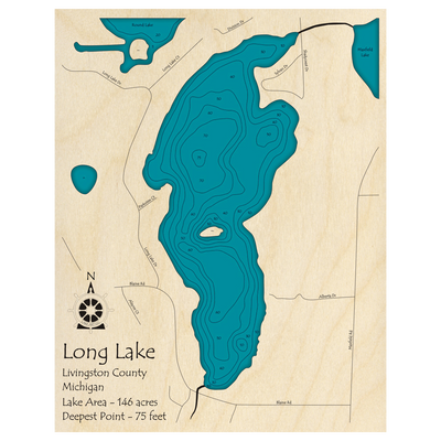 Bathymetric topo map of Long Lake, MI with roads, towns and depths noted in blue water.