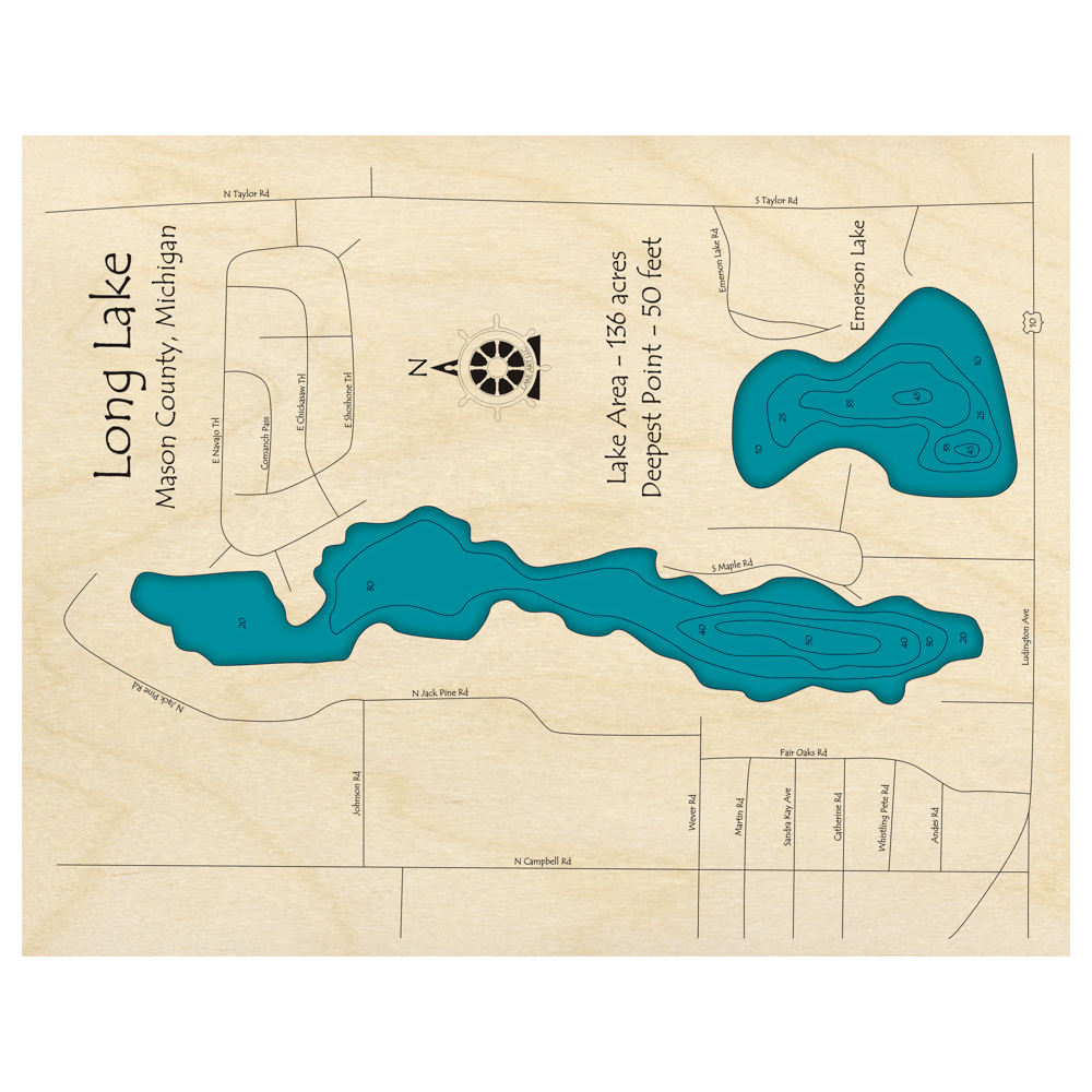 Bathymetric topo map of Long Lake, MI with roads, towns and depths noted in blue water.