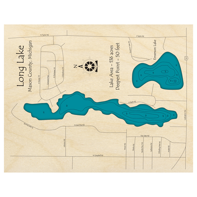 Bathymetric topo map of Long Lake, MI with roads, towns and depths noted in blue water.