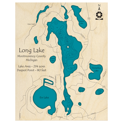 Bathymetric topo map of Long Lake, MI with roads, towns and depths noted in blue water.