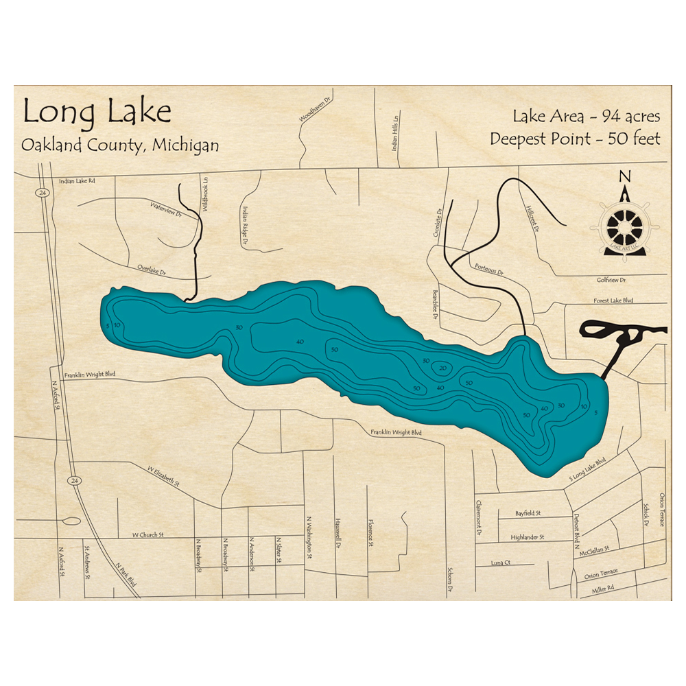 Bathymetric topo map of Long Lake, MI with roads, towns and depths noted in blue water.