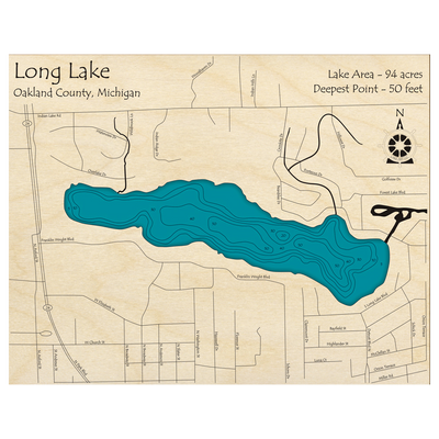 Bathymetric topo map of Long Lake, MI with roads, towns and depths noted in blue water.