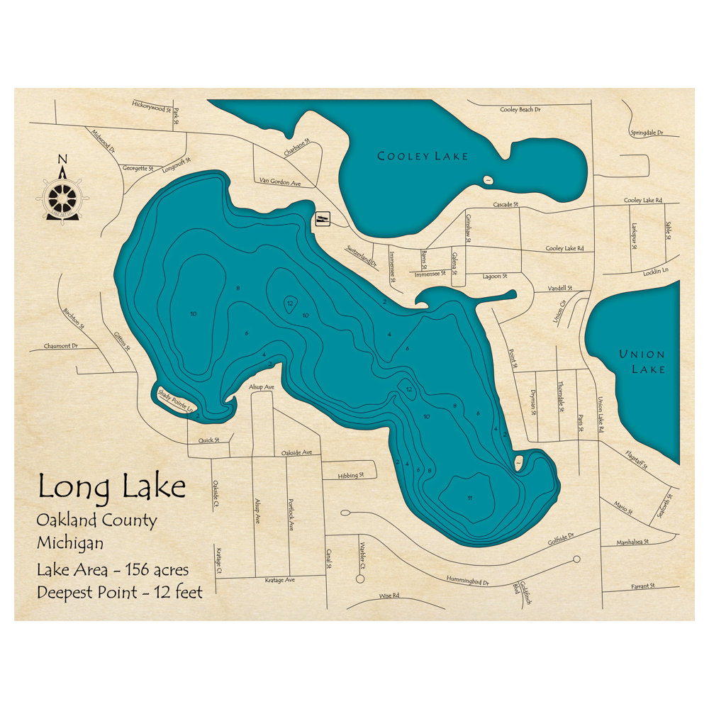 Bathymetric topo map of Long Lake, MI with roads, towns and depths noted in blue water.