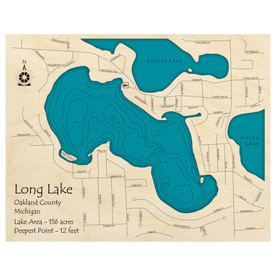 Bathymetric topo map of Long Lake, MI with roads, towns and depths noted in blue water.