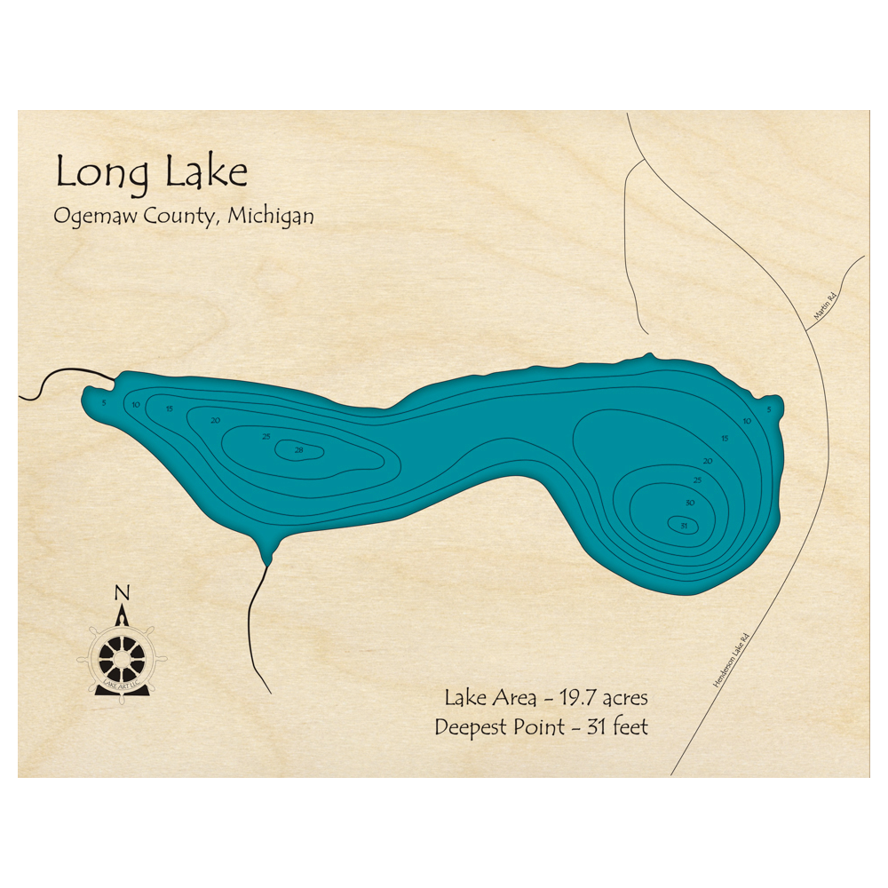 Bathymetric topo map of Long Lake, MI with roads, towns and depths noted in blue water.