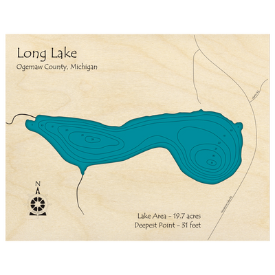 Bathymetric topo map of Long Lake, MI with roads, towns and depths noted in blue water.