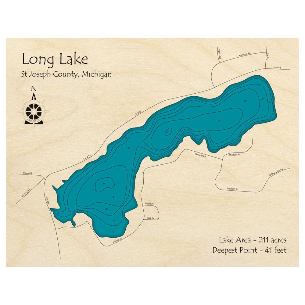 Bathymetric topo map of Long Lake, MI with roads, towns and depths noted in blue water.
