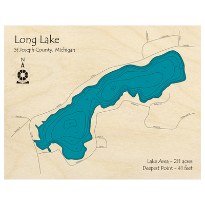 Bathymetric topo map of Long Lake, MI with roads, towns and depths noted in blue water.