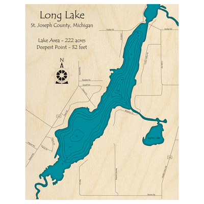 Bathymetric topo map of Long Lake, MI with roads, towns and depths noted in blue water.