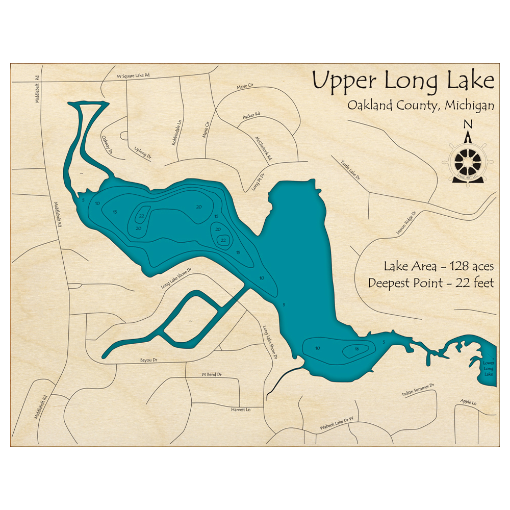 Bathymetric topo map of Upper Long Lake, MI with roads, towns and depths noted in blue water.
