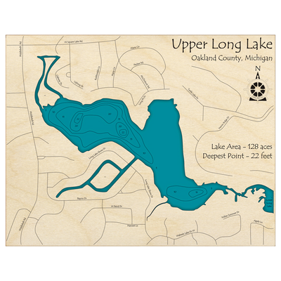 Bathymetric topo map of Upper Long Lake, MI with roads, towns and depths noted in blue water.