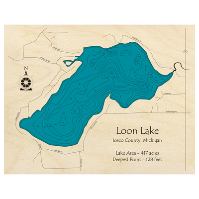 Bathymetric topo map of Loon Lake, MI with roads, towns and depths noted in blue water.
