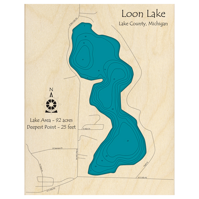 Bathymetric topo map of Loon Lake, MI with roads, towns and depths noted in blue water.