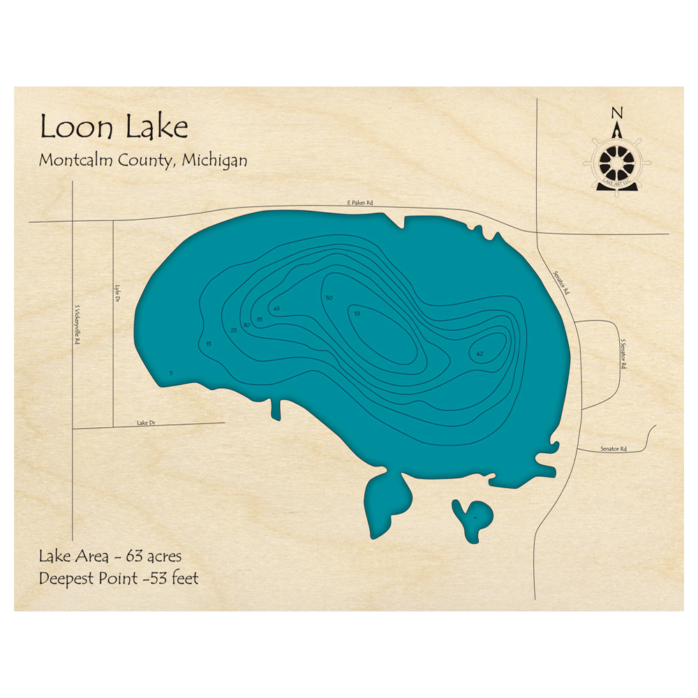 Bathymetric topo map of Loon Lake, MI with roads, towns and depths noted in blue water.