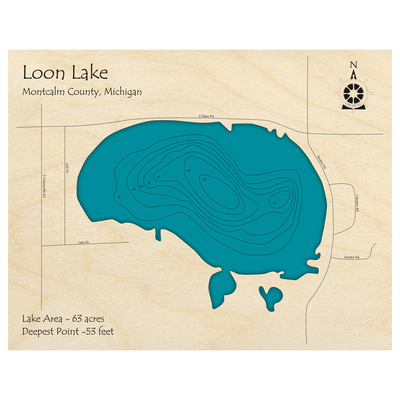 Bathymetric topo map of Loon Lake, MI with roads, towns and depths noted in blue water.