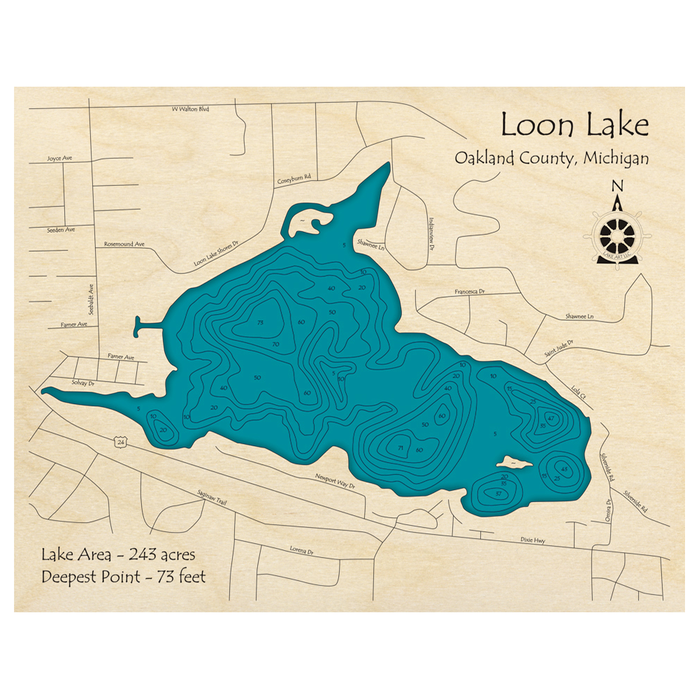 Bathymetric topo map of Loon Lake, MI with roads, towns and depths noted in blue water.