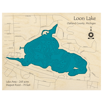 Bathymetric topo map of Loon Lake, MI with roads, towns and depths noted in blue water.