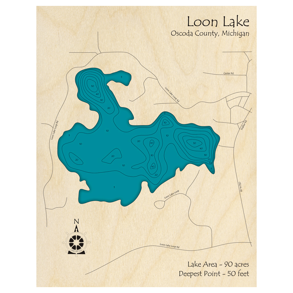 Bathymetric topo map of Loon Lake, MI with roads, towns and depths noted in blue water.