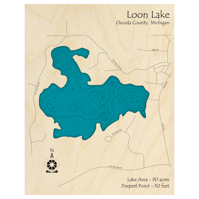 Bathymetric topo map of Loon Lake, MI with roads, towns and depths noted in blue water.