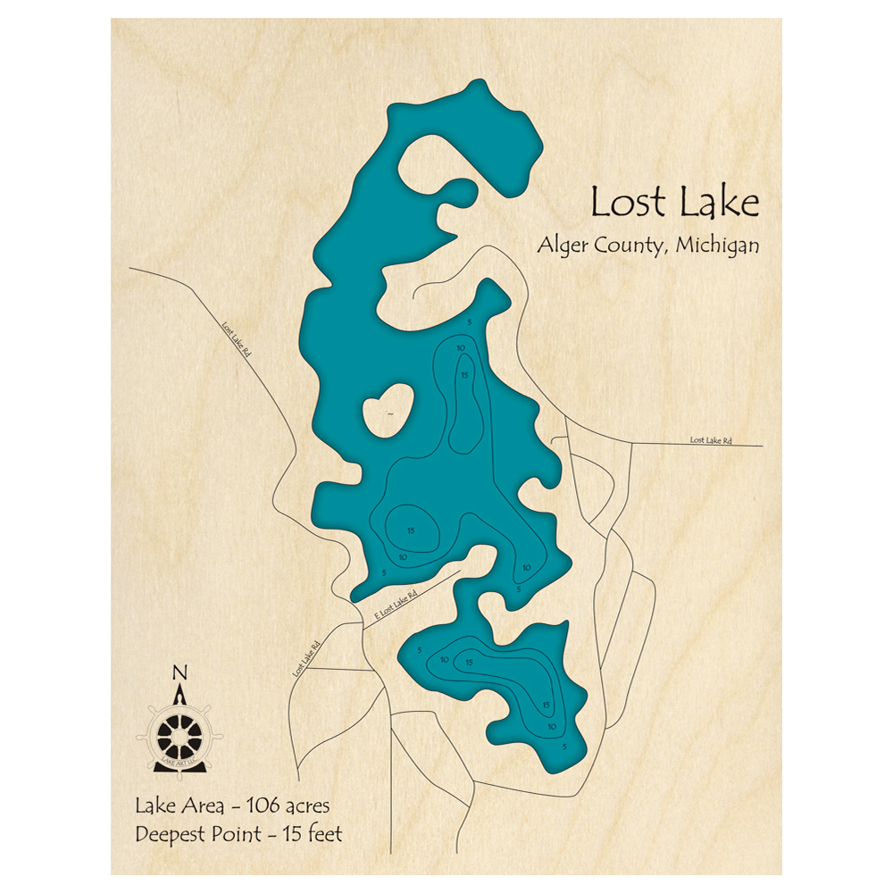 Bathymetric topo map of Lost Lake, MI with roads, towns and depths noted in blue water.