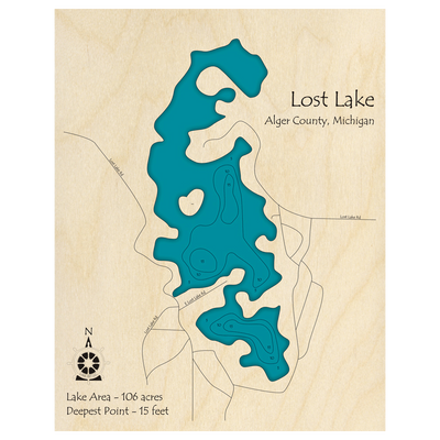 Bathymetric topo map of Lost Lake, MI with roads, towns and depths noted in blue water.