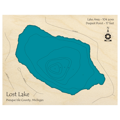 Bathymetric topo map of Lost Lake, MI with roads, towns and depths noted in blue water.