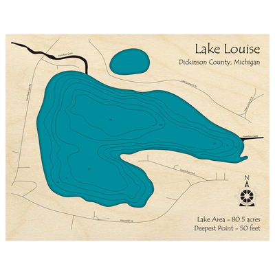 Bathymetric topo map of Lake Louise, MI with roads, towns and depths noted in blue water.